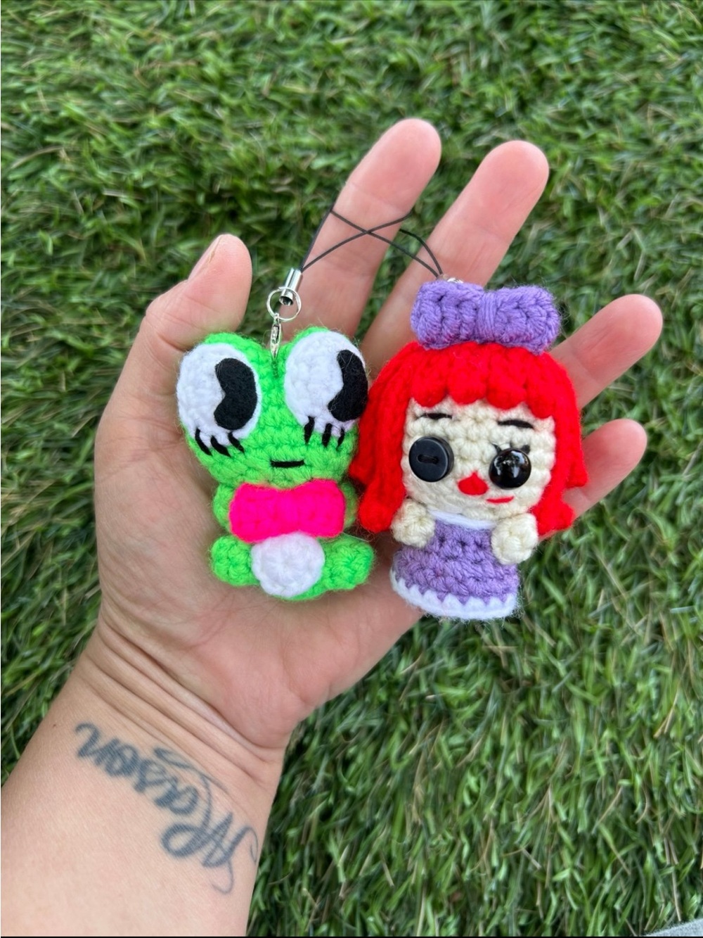 Handmade Green Crochet Frog & Red-Haired Doll Keychain Set